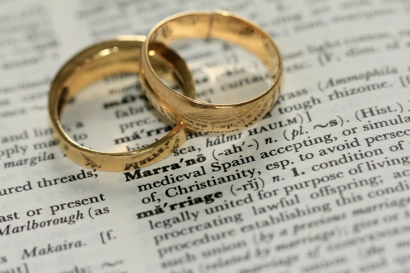 Dos argollas de matrimonio sobre un diccionario